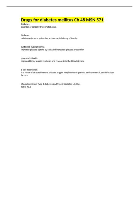 Drugs for diabetes mellitus Ch 48 MSN 571 - MSN 571 - Stuvia US