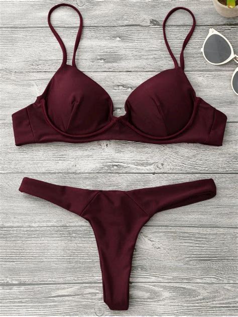 19 OFF 2021 Underwire Push Up Thong Bikini Set In BURGUNDY ZAFUL