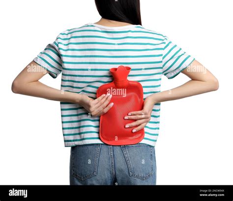 Woman Using Hot Water Bottle To Relieve Low Back Pain On White Background Closeup Stock Photo