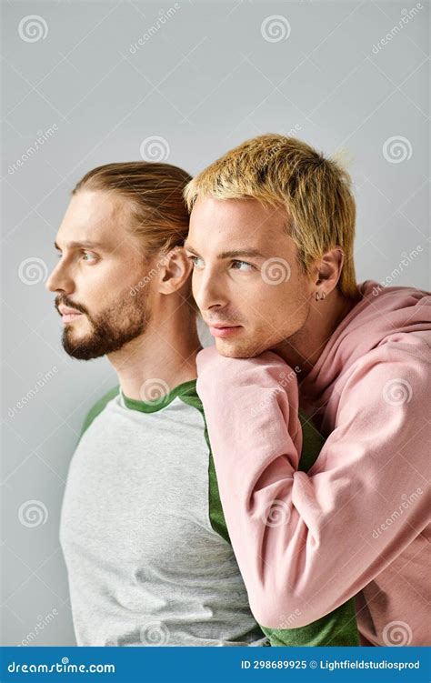 Romantic Dreamy Gay Couple In Trendy Stock Image Image Of Cheerful Caucasian 298689925