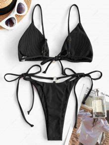 ZAFUL Ribbed O Ring Plunge Bikini Swimwear In BLACK ZAFUL