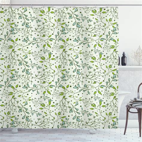 Botanical Shower Curtain Spring Season Forest Branches Leaves And Berry Like Polka Dots Fabric