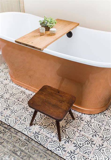 Copper Tub With Gray Quatrefoil Tiles Transitional Bathroom