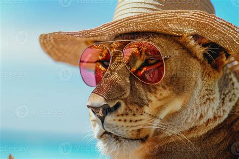 lion, lioness in sunglasses and hat on the beach near the sea, looking