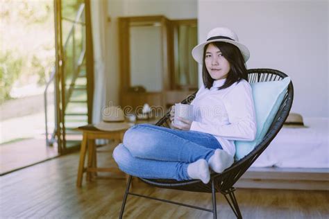 Beautiful Asian Woman Drinking Hot Coffee In Bedroom After Wake Up Relaxing Morning Happy And