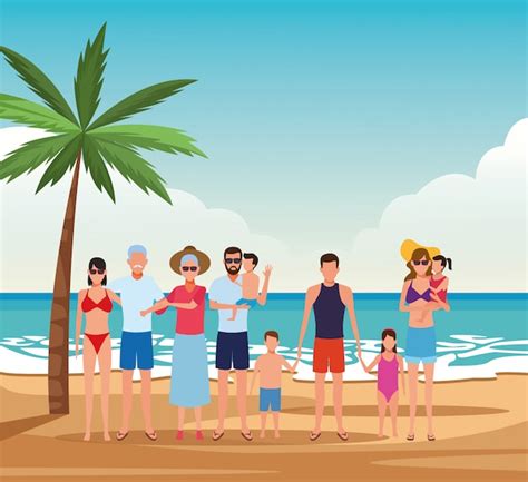 Familia avatar con niños y abuelos disfrutando de las vacaciones de