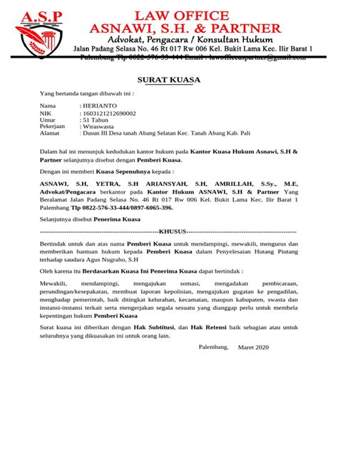 surat kuasa penyelesaian hutang piutang