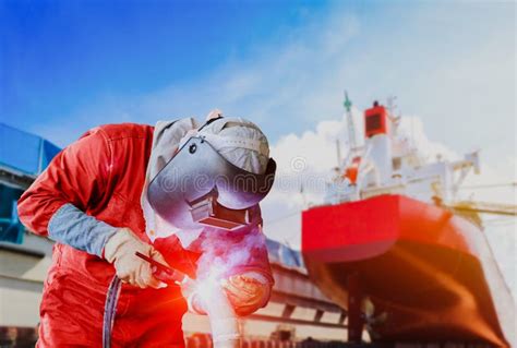 Welder Is Welding In Shipyard Stock Photo Image Of Fabricate