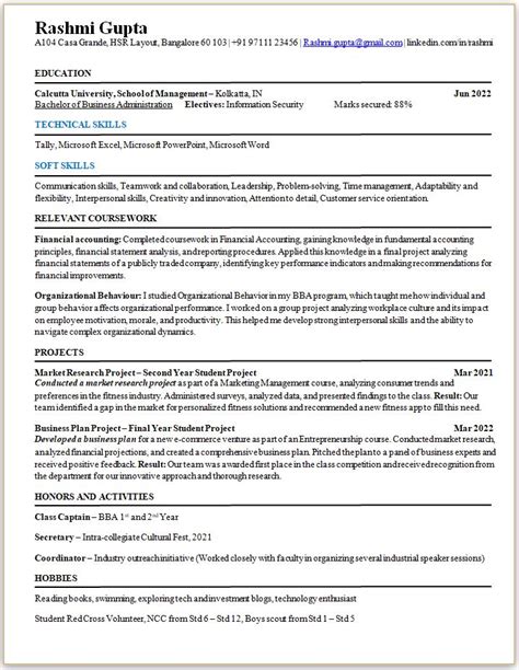 Bba Fresher Best Resume Format