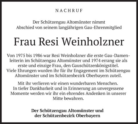 Traueranzeigen Von Resi Weinholzner Trauer Merkur De