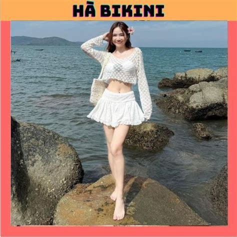 Bikini Đồ bơi đi biển set 4 món áo bra đính HOA TRÀ có mút quần rời kèm khoác chân váy lưng thun