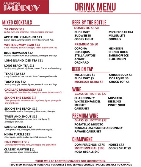 Arlington Improv Food and Drink Menus