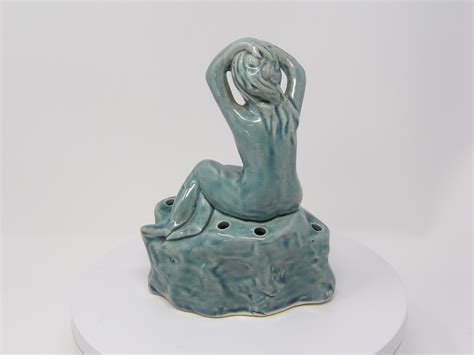 Antique Art Nouveau Yankoware Risque Nude Naked Lady Flower Frog Turquoise Celedon Made In Japan