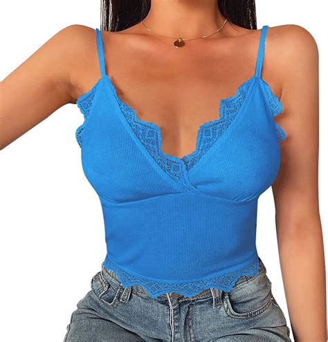 Crop Tops Damen Sommer Teenager Mädchen V Ausschnitt Spitze Stricken