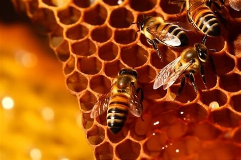Premium Ai Image Honeymaking Process Close Up Of Bees Tending To