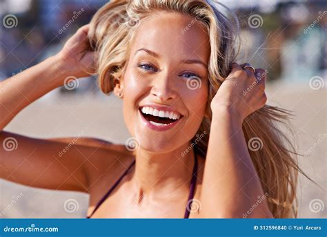 Woman Portrait And Beach Vacation In Bikini With Happiness With Relax