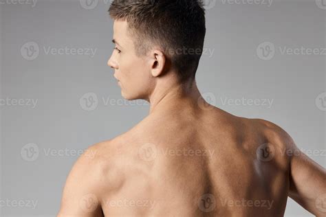 Athletic Men Muscled Arm Muscles Naked Back Gray Background Model Cropped Back View
