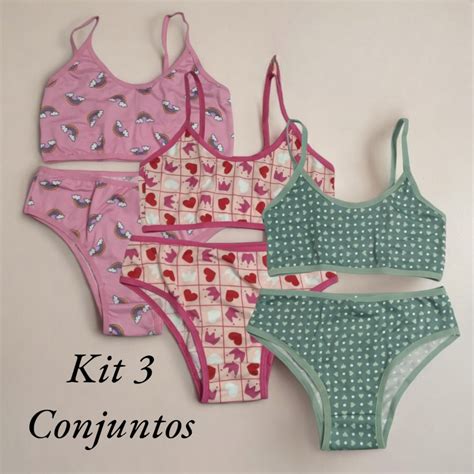 Kit 3 Conjuntos Infantil Feminino Estampados E Lisos Calcinha E Top Conjunto Lingerie Menina