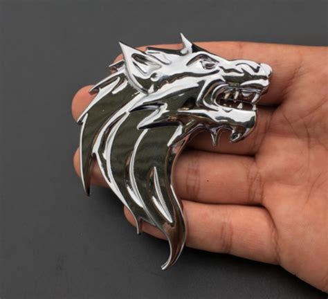 Pair Chrome Metal D Wolf Head Auto Car Motorcycle Emblem Badges