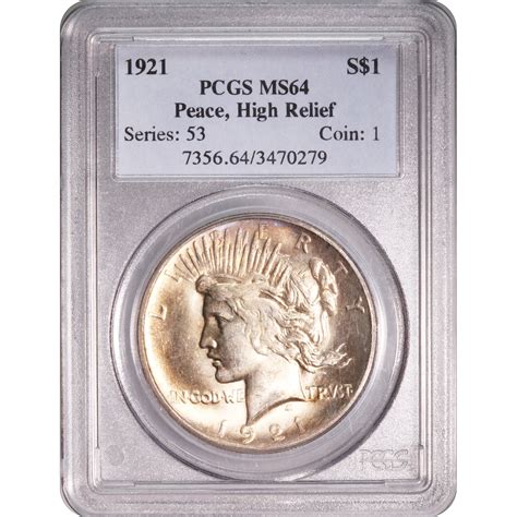 Certified Peace Silver Dollar 1921 MS64 PCGS Golden Eagle Coins