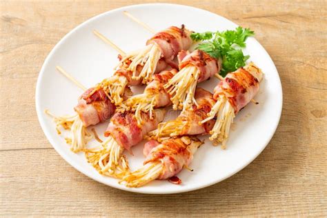 Bacon Wrapped Golden Needle Mushroom Stock Image Image Of Barbecue