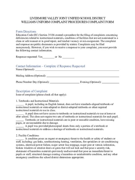 Fillable Online Williams Uniform Complaint Procedures Complaint Form