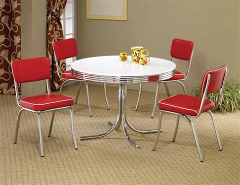 50s Style Round Retro Table W Four Red Chairs