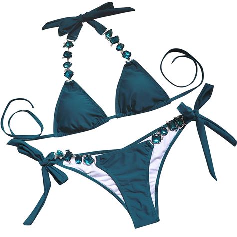 Zqgjb Women S Halter Bikini Swimsuit Two Piece Rhinestone Bikini Set Sexy Boho Thong Bikini