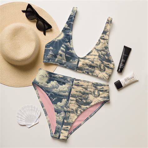 Vintage Sails String Bikini Nautical Maritime Ocean Sailing Ships Sea Sailor Boats Half Blue
