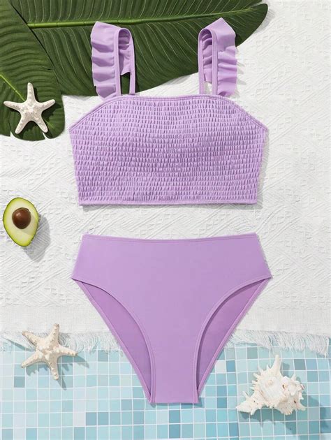 Teen Girls Solid Color Bikini Set Shirred Ruffle Bra And Bikini Bottom Summer Bathing Suit For