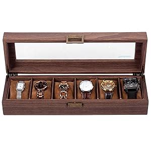 Readaeer 6 Slot PU Leather Watch Box Organizer Watch Case With Glass