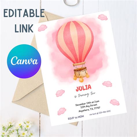 Customizable Birthday Invitation Hot Air Balloon Theme Party Invite Editable Canva Template