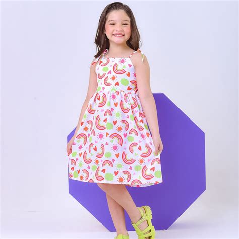 Vestido infantil menina estampa de Arco íris modelo alcinha Dapoma