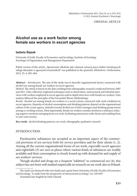 Pdf Alcohol Use As A Work Factor Among Female Sex Workers In Escort