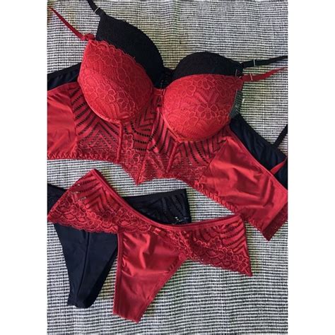 Conjunto Lingerie Corpete Sutiã Cropped de Renda e Tecido Aro e Calcinha Fio Duplo Sensual