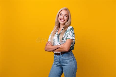 Photo Of Adorable Woman With Straight Hairdo Dressed Print Shirt Arms