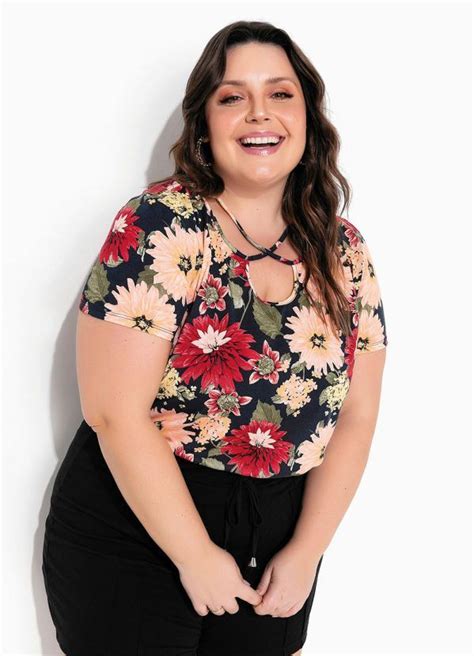 Blusa Floral Azul Decote Strappy Plus Size Queima De Estoque