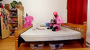 Self Bondage In Pvc Layers Steel Chastity Belt And Large Dildo Locked Transtube U