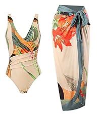 Abociw Womens Floral Print Bikini Sets With Swimsuit Coverup Long Beach Wrap Skirt Piece High