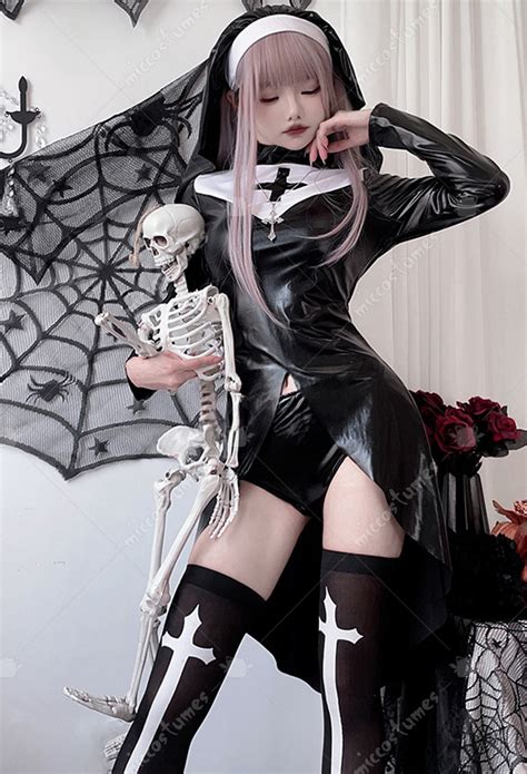 Halloween Nun Sexy Lingerie Costume Gothic Black Dress Outfit Top