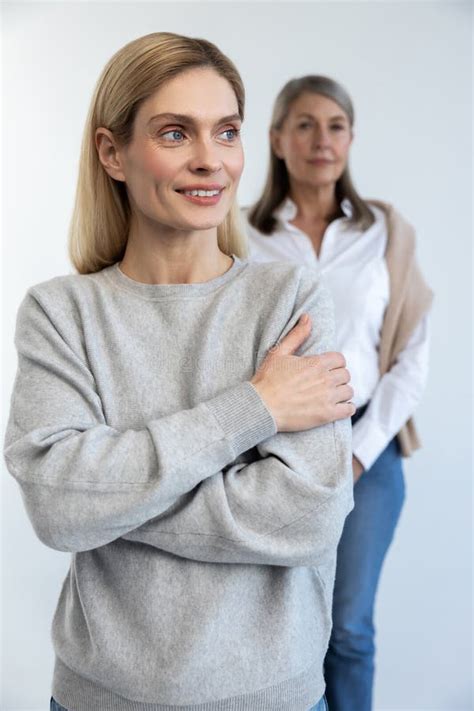 Blonde Long Haired Woman Standing Her Mom Standing Behind Stock Image Image Of Longhaired