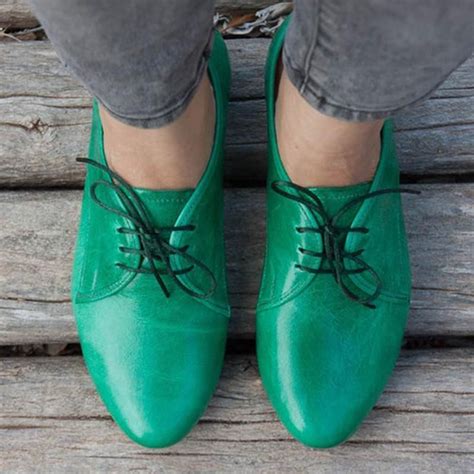 Solid Green Vintage Lace-Up Flats Oxford Shoes | Oxford shoes, Women ...