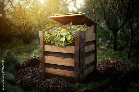 Homemade wooden compost bin in the garden. Recycling organic ...