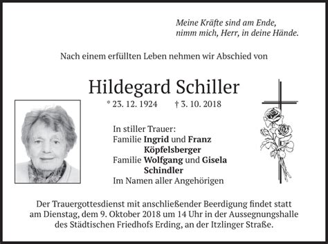 Traueranzeigen Von Hildegard Schiller Trauer Merkur De