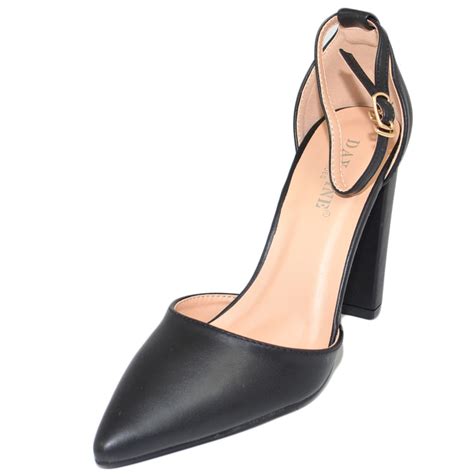 DECOLLETE SCARPA DONNA Pelle Nero Punta Tacco Largo Comodo Con