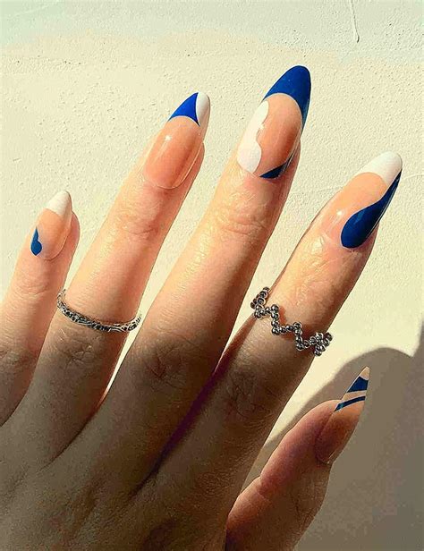 Sankki Almond French Tip Press On Nails Blue White Medium Length Nude Fake Nails With Design