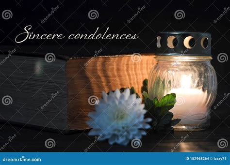 Condolence Card with Memorial Candle, White Flower and Book. Sincere ...