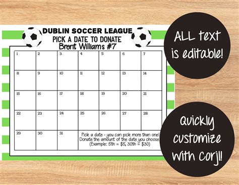 Editable Soccer League Fundraiser Pick A Date To Donate Printable