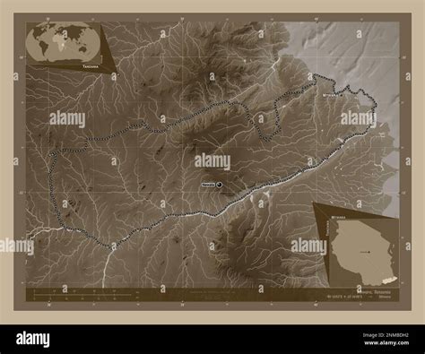 Mtwara Region Of Tanzania Elevation Map Colored In Sepia Tones With