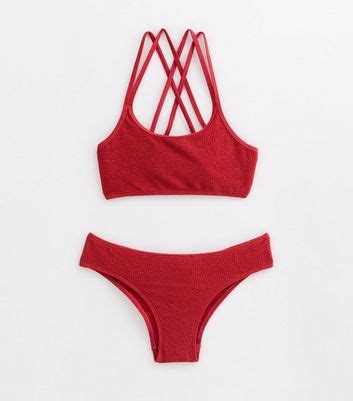 Girls Red Crossover Strap Textured Bikini Set New Look